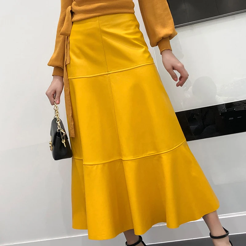 Women Genuine Leather 80 CM Long Skirt Female French Elegant Stitching Super Long Flared Saia Longa Mujer Yellow Umbrella Jupe