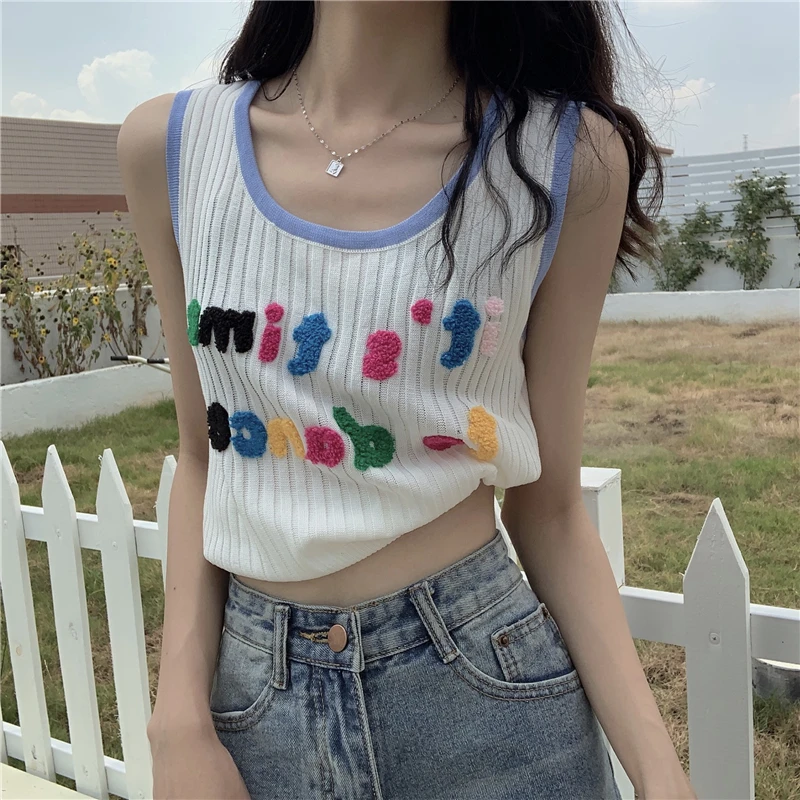 HELIAR Women Tank Tops Plain Letters Embriodred Cute Tanks Women Round Neck Sweet Candy Knitted Tank Tops For Women 2024 Summer