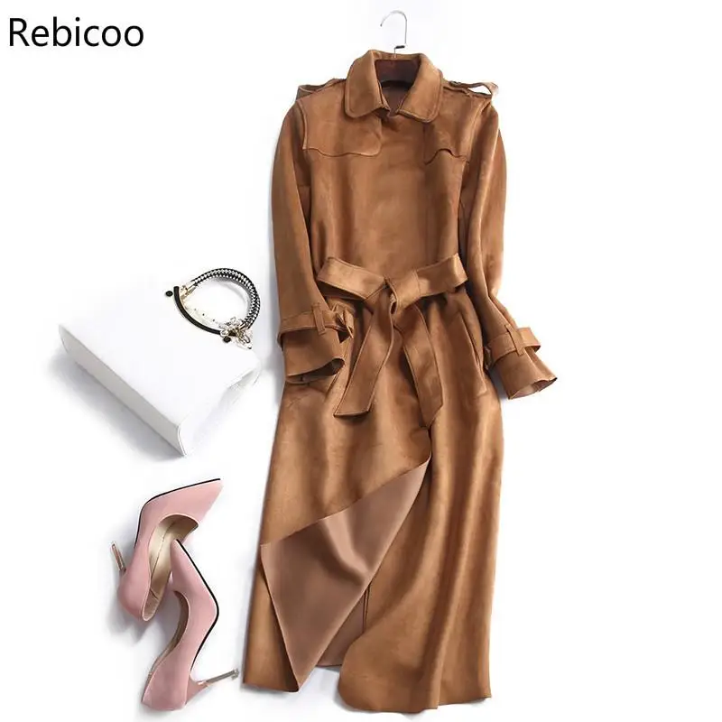 

New Autumn Suede Trench Coat Women Abrigo Mujer Long Elegant Outwear Female Overcoat Slim Red Suede Cardigan Trench