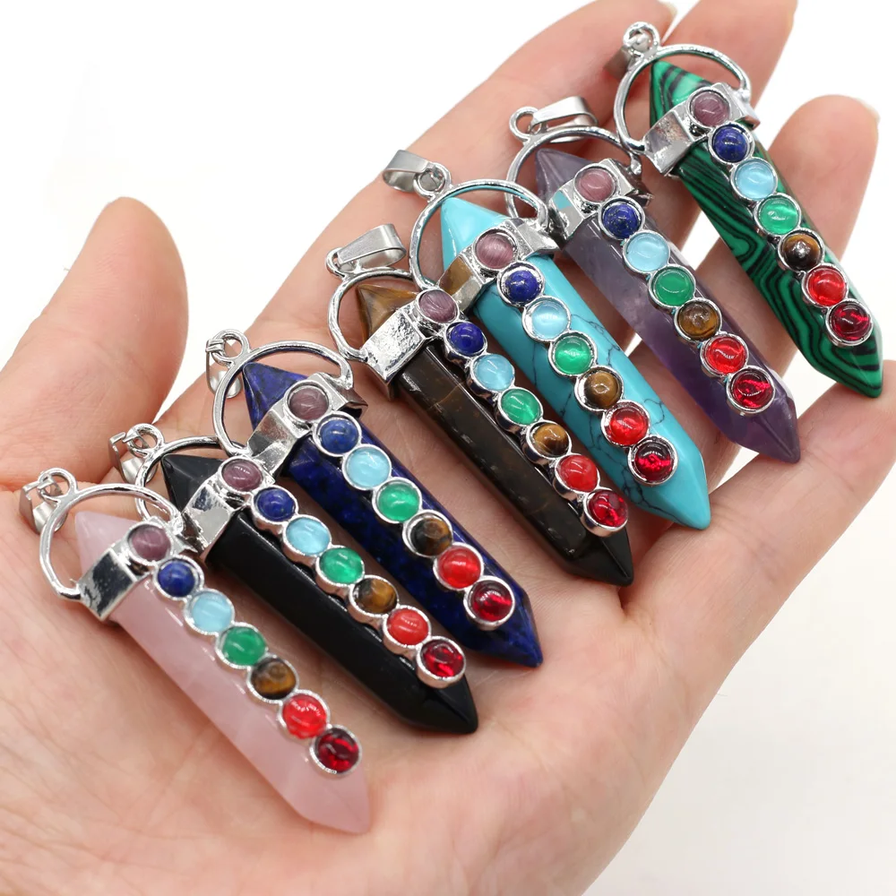 Natural Stone Pendulum 7 Chakra Reiki Healing Crystal Pendant Hexagon Point Charms DIY Necklace Jewelry Making Accessories