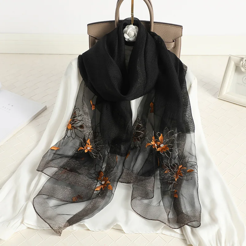 2024 Floral Embroidery Silk Wool Scarf Luxury Women Hijab Female Foulard Pashmina Long Beach Stoles Shawl Wrap Scarves Bandana