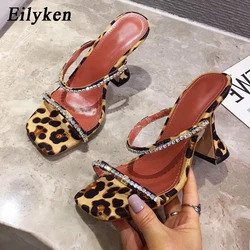 Eilyken New Fashion Rhinestone Chain Women Slippers Sandals Strange Cup Heels Sexy Leopard Print Square Toe Ladies Dress Shoes