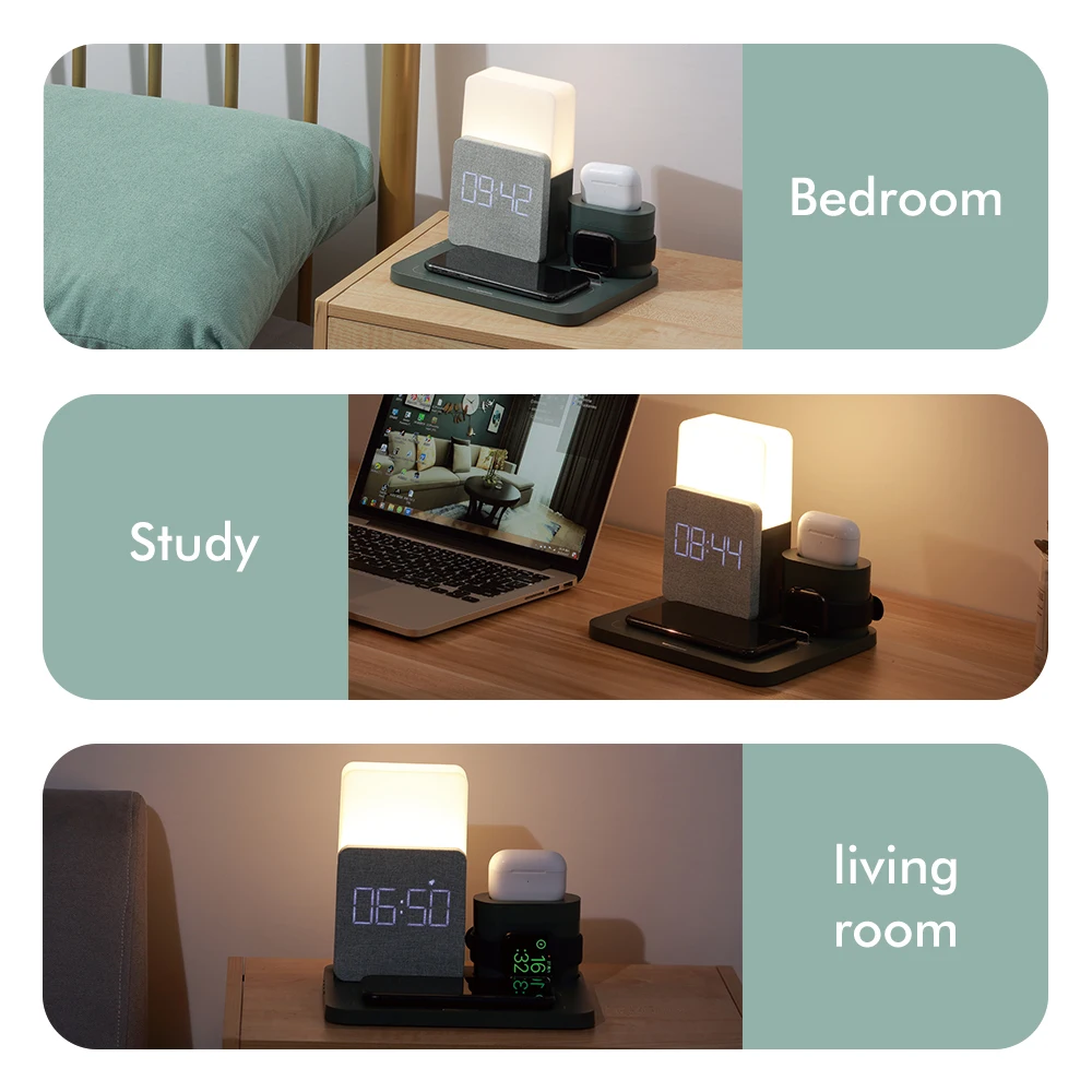 LED Light Bedside Lamp Qi Wireless Charger Dock For iPhone 12 Pro Max Mini AirPods iWatch 8 7 Galaxy Watch Fast Charging Station