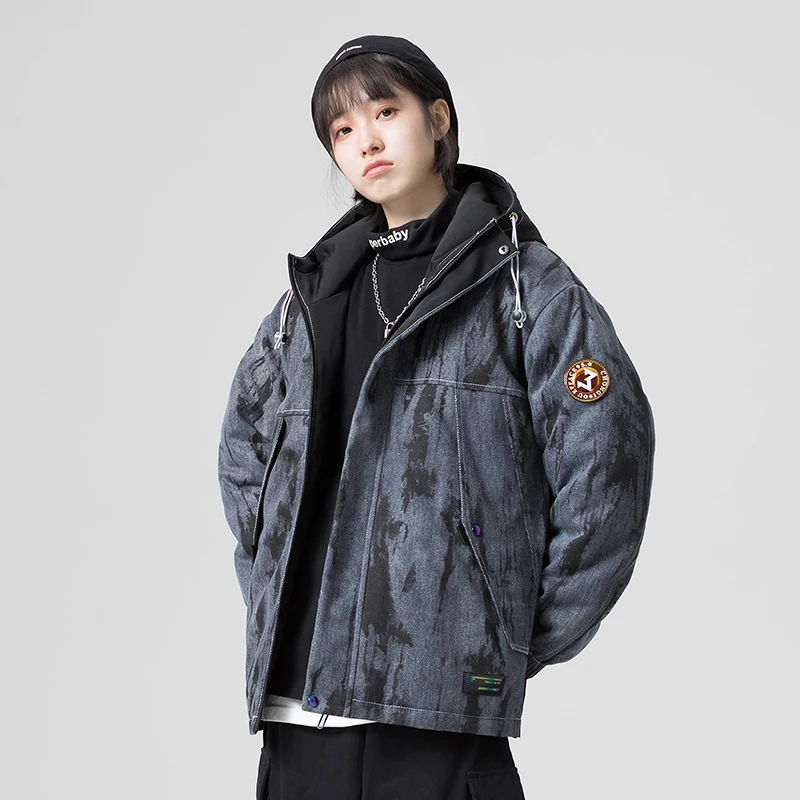 Jaket Bertudung Pria Streetwear 2021 Mantel Huruf Cetak Musim Dingin Baru Pria Jaket Bertudung Tebal Hangat Pakaian Luar Gaya Korea