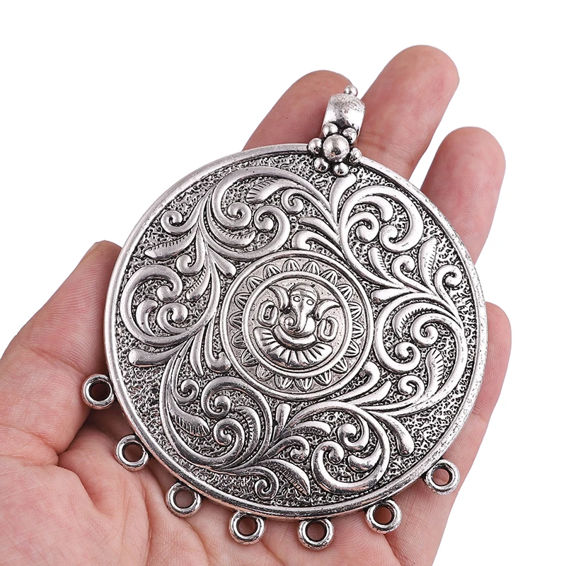 2PCS Tibetan Silver Tribal Large Round Medallion Chandelier Charms Pendants for DIY Boho Vintage Necklace Jewelry Making Finding