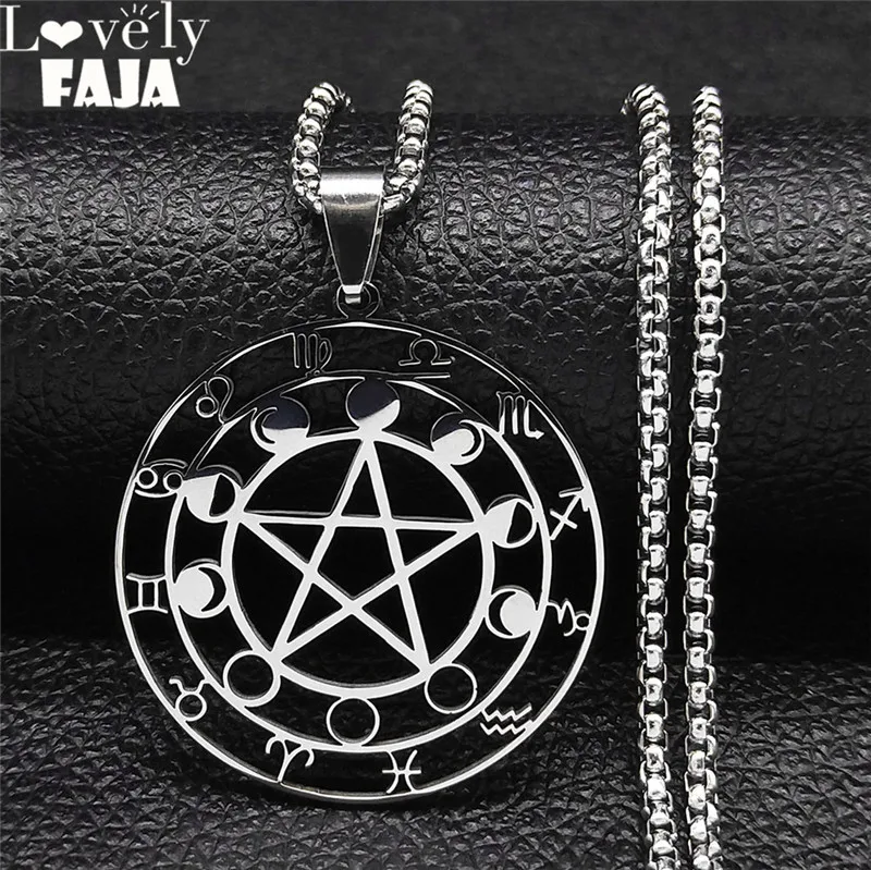 Witchcraft 12 Constellations Pentagram Astrology Stainless Steel Chain Necklaces Silver Color Necklaces Jewelry bijoux N6074S03