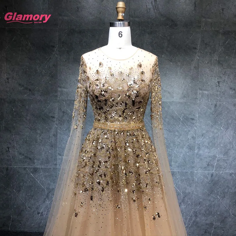 2021 New Arrival Gold Prom Dress Long Sleeves O-neck Luxury Beading Evening Dress