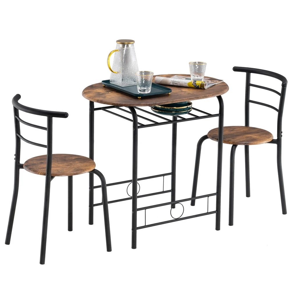 Dining Table Set Fire Wood PVC Black Paint Breakfast Table for Couples with Curved Back (One Table and Two Chairs) (80x53x76cm)