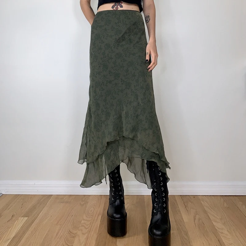 Women Y2K Vintage Floral Printed Midi Skirt 90s E-Girl Grunge A Line Layered High Waist Long Skirt Fairycore Streetwear