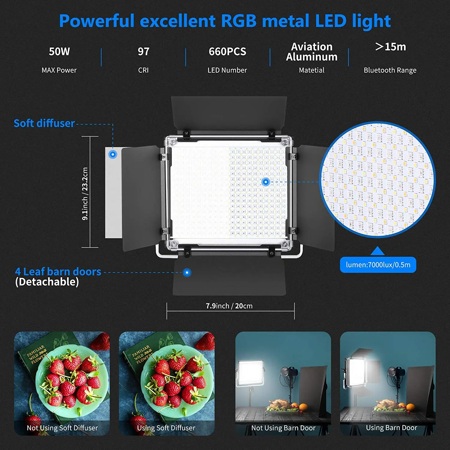 Neewer-Full Color Video Light com Barndoor e U Mount para Fotografia de Estúdio, Controle APP, RGB, 660 PRO, 50W, 360 °