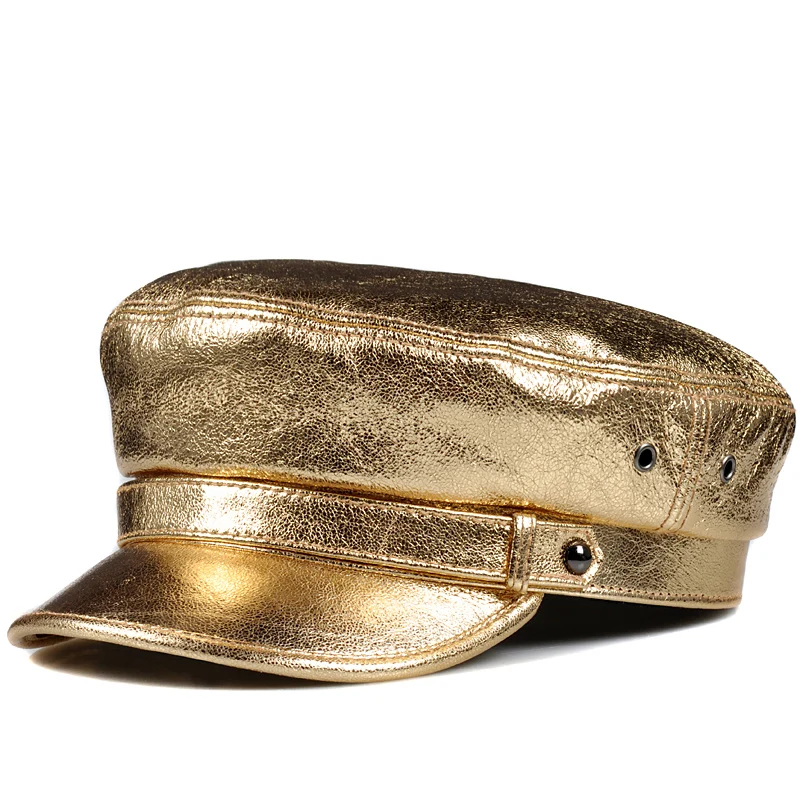 Spring  Korean Fashion Unisex Flat Top Genuine Leather Navy Hat Student Shining Golden/Silver Hip Pop Caps Women Men Streetwear