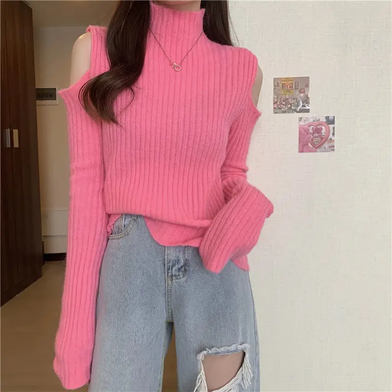 2024 Autumn Winter Pullover Knitwear Turtleneck off-the-Shoulder Sweater for Women Woman Sweaters Femme Chandails Pull Hiver