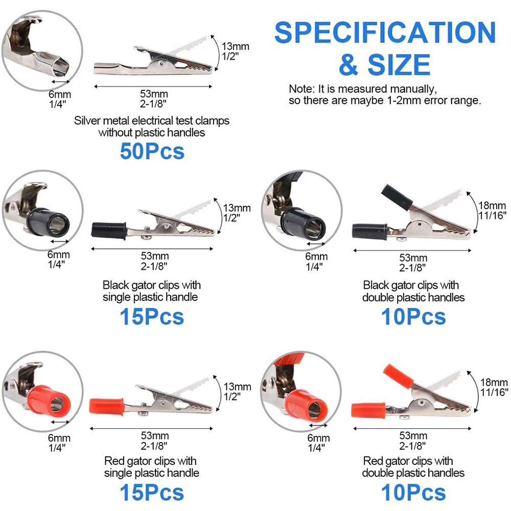 100pcs/box 50mm Kunststoff Test Sonde Metall Alligator Clip Anschluss Batterie Steckdose Clip (Drei Größen)