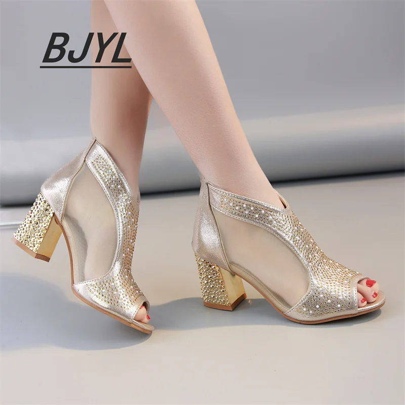 New High-heeled Sandals Women Summer Thick-heeled Fish Mouth Large Size Mesh Breathable Women\'s Rhinestone Back Zipper Sandals