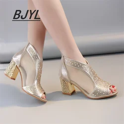 New High-heeled Sandals Women Summer Thick-heeled Fish Mouth Large Size Mesh Breathable Women's Rhinestone Back Zipper Sandals