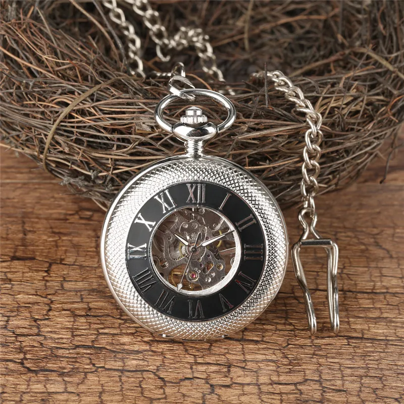 Reloj de bolsillo plateado para hombre, relojes mecánicos de cuerda manual, pantalla de números romanos, reloj de esqueleto de medio cazador, cadena colgante, regalo