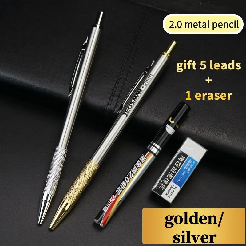 2.0 Metallischer Druckbleistift für Schüler, zum Zeichnen und Schreiben, mit kostenlosem Radiergummi, 5 Bleistiftminen und Spitzer – Detail 1