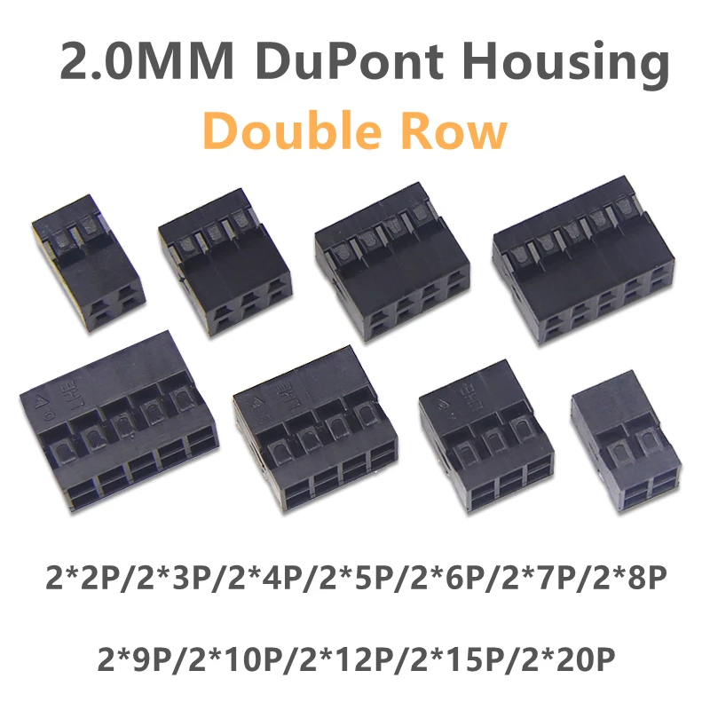 20PCS Dupont 2.0 Housing Plastic Shell 2.0mm Pitch Double Row Dupont Connector 1P/2P/3P/4P/5P/6P/7P/8P/9P/10P/12P/15P/20P