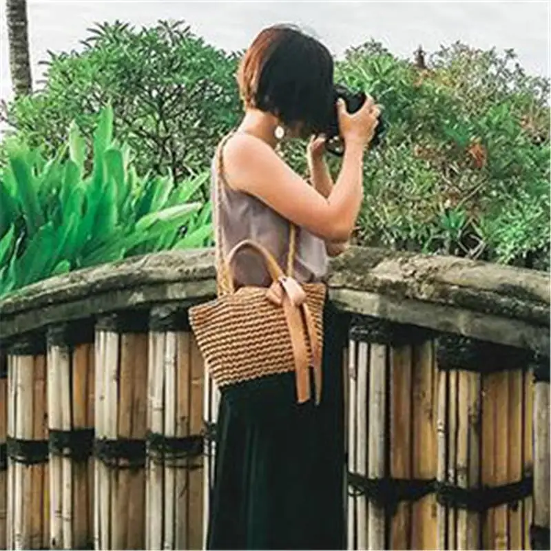 32x22CM Bohemian Bow Single Shoulder Handbag Dual Purpose Straw Bag Seaside Vacation Beach Bag Woven Bag a7166