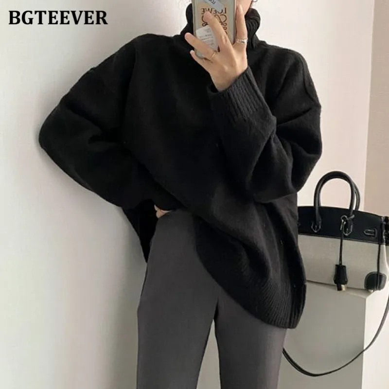 BGTEEVER Elegant Solid Turtleneck Sweaters for Women Casual Long Sleeve Front Split Female Knitted Pullovers 2021 Autumn Winter