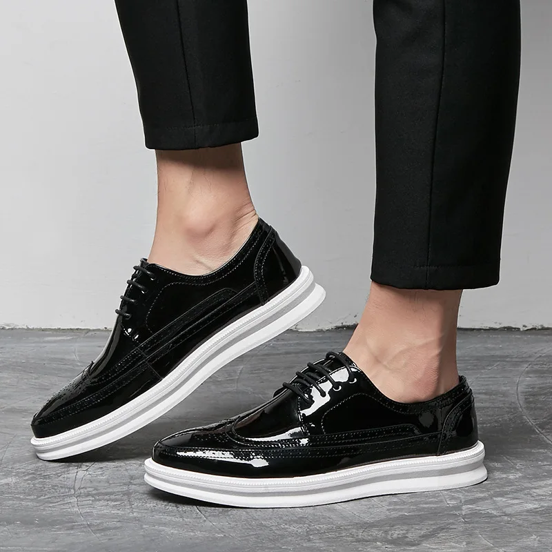 men luxury fashion patent leather shoes carving bullock oxford shoe flats platform brogue sneakers zapatos de hombre soulier man image 3