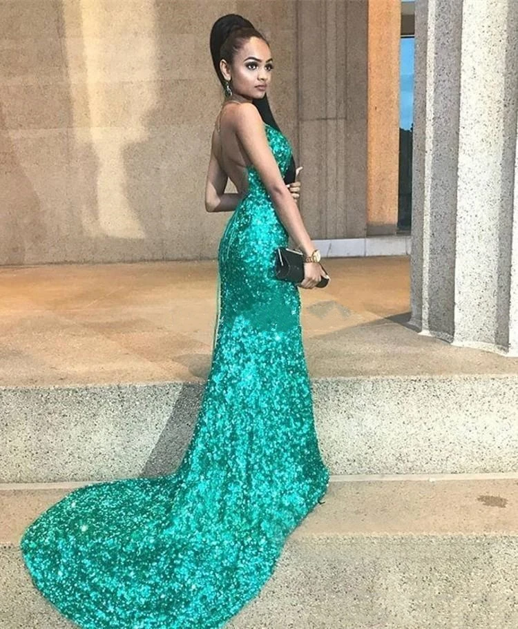 

Sparkly Turquoise Mermaid Prom Dresses 2020 Spaghetti Criss Cross Straps Sequined Long Formal Evening Party Dress