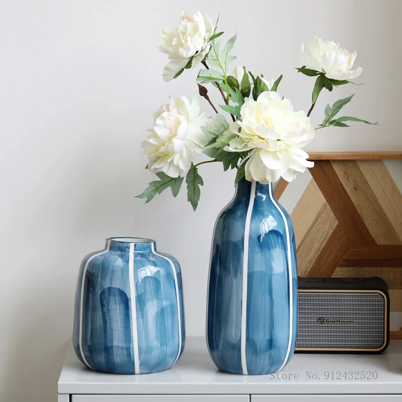 Creative Modern Gradient Blue Striped Ceramic Vase, Dried Flowers, Gardening, Home Decoration, Living Room Ornaments