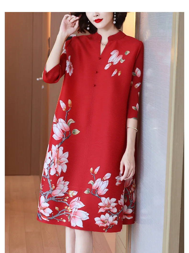 

HOT SELLING Miyake pleated one-piece dress stand neck Improved cheongsam Chinese style Magnolia print A-Line dress IN STOCK