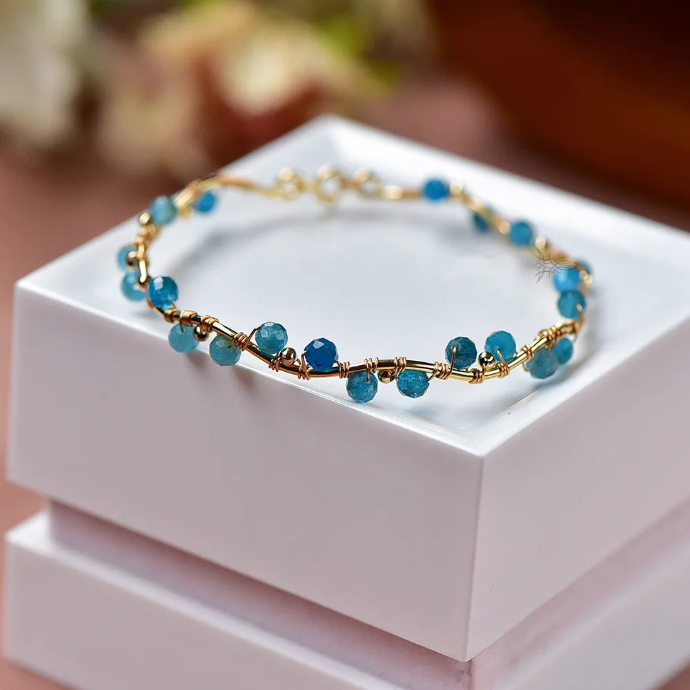 Natural Stone Blue Tanzanite Faceted Bead 14K Gold Filled Bracelet For Women Opening Bangle Vintage Handmade Bohemia Jewelry