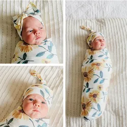 Newborn Baby Wrap Swaddling + Hat+Hair Band 3Pcs Anti-Kick For Infant Cotton Flower Print Swaddling Wraps Balnket  Bath Towels