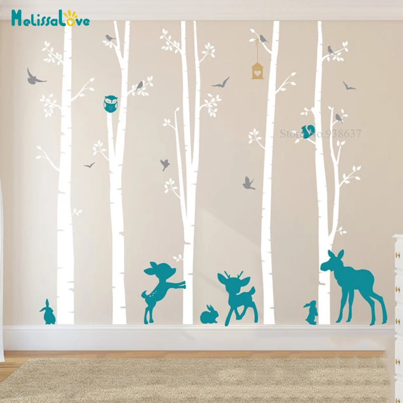 5 Birch Decal with Woodland Animals fawn moose bunnies birch tree set forest Modern Nursery Baby Room Wall Sticker Decal BB581