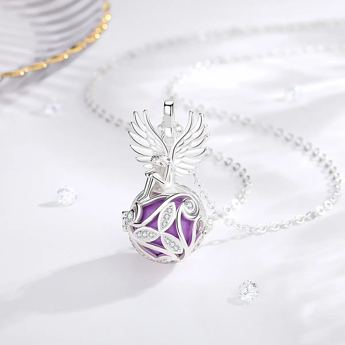 Eudora 18mm Harmony Ball Angel Wing Cage Necklace Angel Caller Bola inlay Zircon Pendant Fashion Jewelry Party Gift for Women