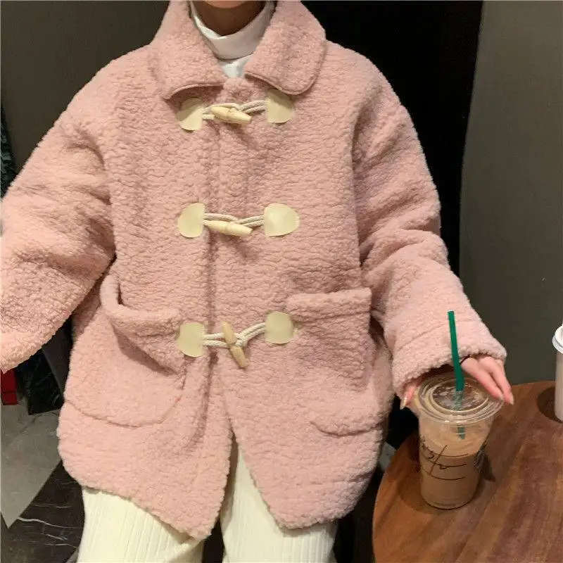 Fashion Lamb Wool Fall Winter Coat Women Faux Fur Jacket Fleece Shaggy Warm Overcoat Horn Buckle Outwear Faux Lambswool Fur Coat