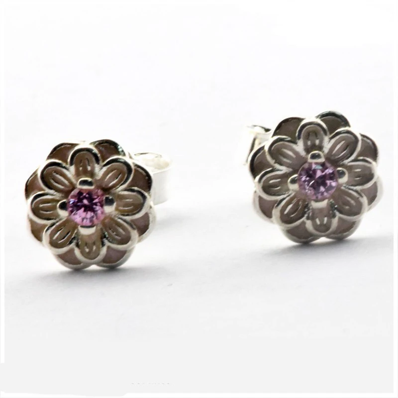 

Blooming Dahlia Women Earrings Jewelry Original Sterling Silver 925 Jewelry Cream Enamel & Blush Pink Crystal Earrings for Women