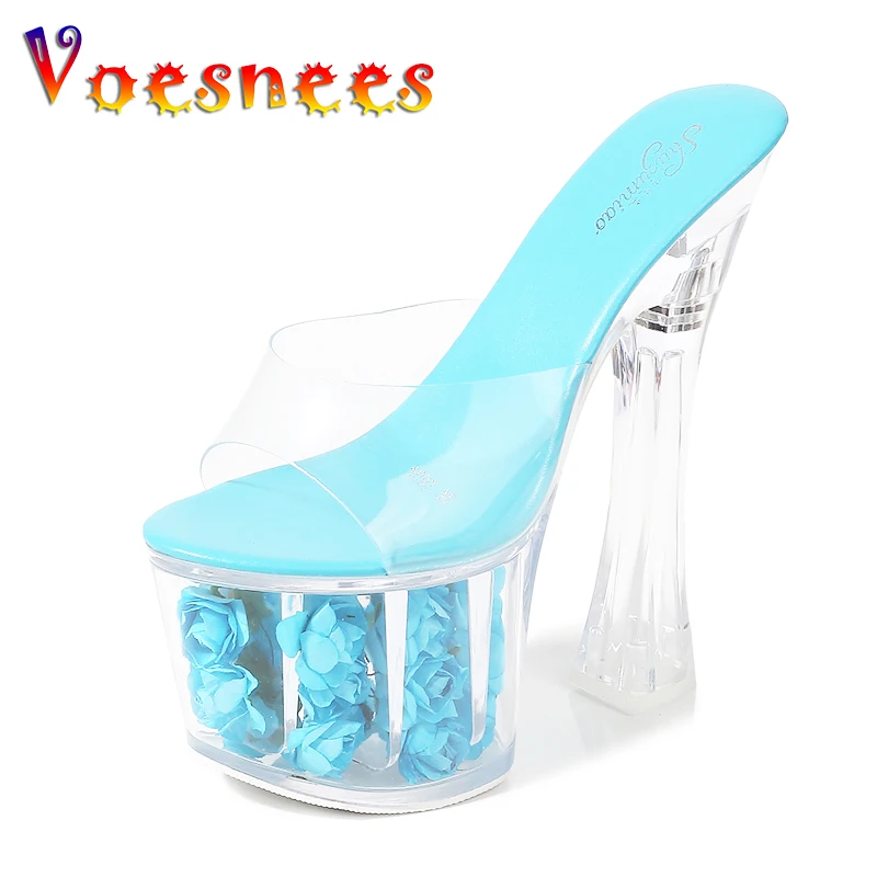 

Voesnees Clear Heel Transparent Crystal Shoes Women Slipper Flower Thick Heels Super High Heels 17 cm Roses Platform Adult Shoes