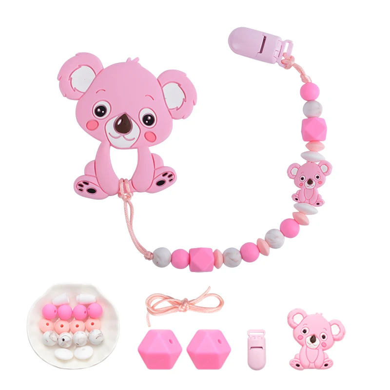 LOFCA Baby Silicone Teether DIY Baby Teething Necklace Food Grade Cartoon Raccoon Panda Pacifier chain Clip Beads Toy Sets