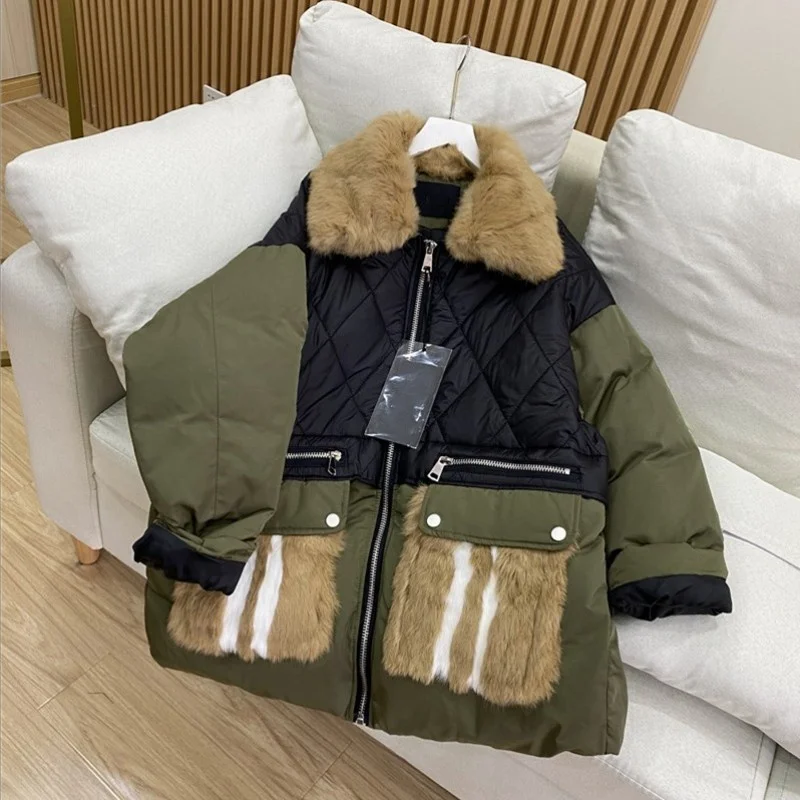 Warm Winter Parkas Removable Rabbit Fur Collar Patchwork Loose Long Sleeve Female Overcoat Streetwear Women Thick Casual Jacket