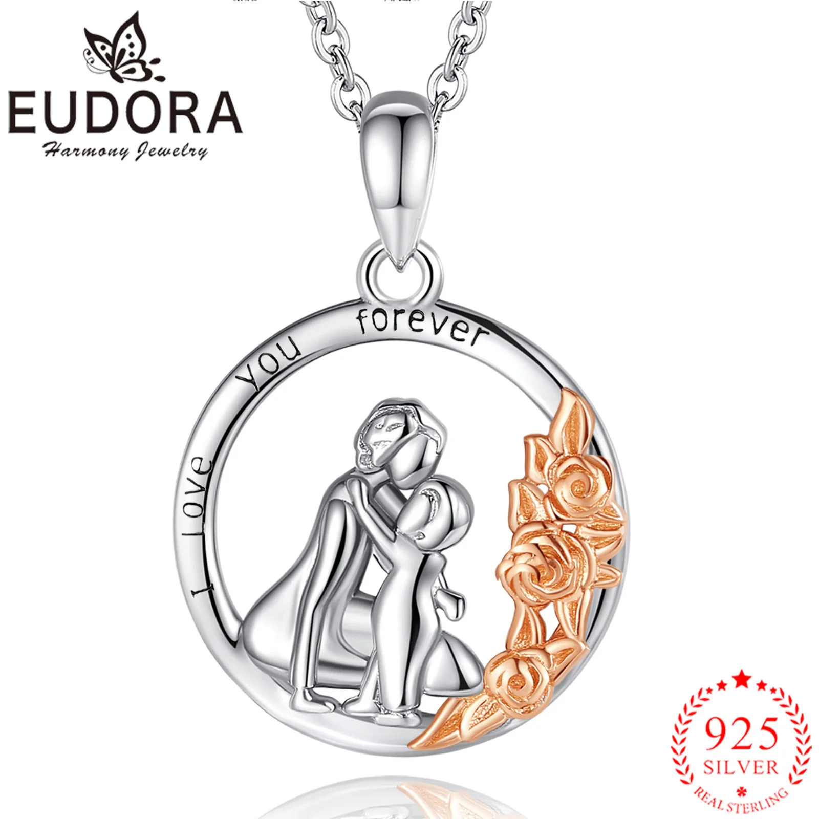 

Eudora Real 925 Sterling Silver Mother and baby Rose Necklace I Love You Forever Fine pendant Fine Jewelry For Women cyd689