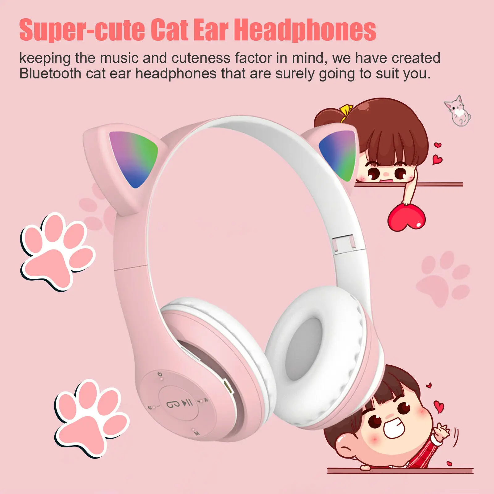 Wireless Bluetooth 5.0 Headset Cat Rabbit Ear LED w/Mic Headphone For Kids Girls