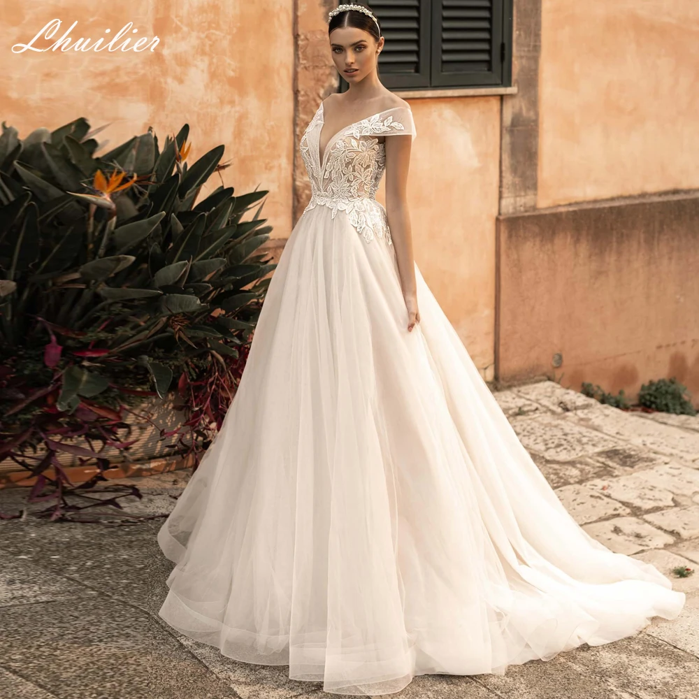 

Lhuilier Customized A-line V-neck Wedding Dresses Lace Appliques Off the Shoudler Beaded Lace Appliques Bridal Dress