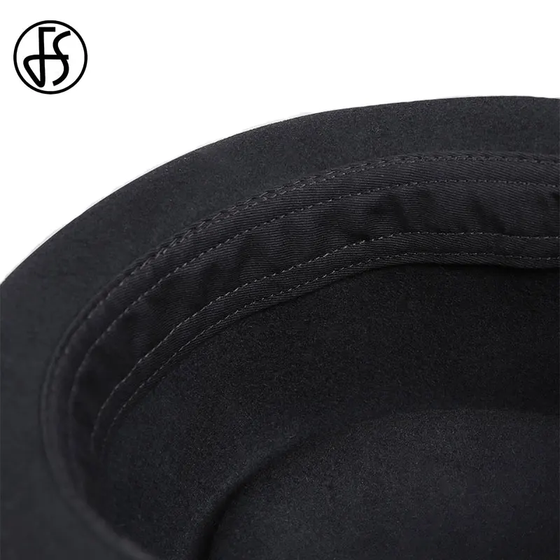 FS Vintage Pork Pie Hat Men Wide Brim Wool Felt Fedora Black Hat Mans Church Jazz Ribbon Trilby Panama Gangsters Caps Gentlemen