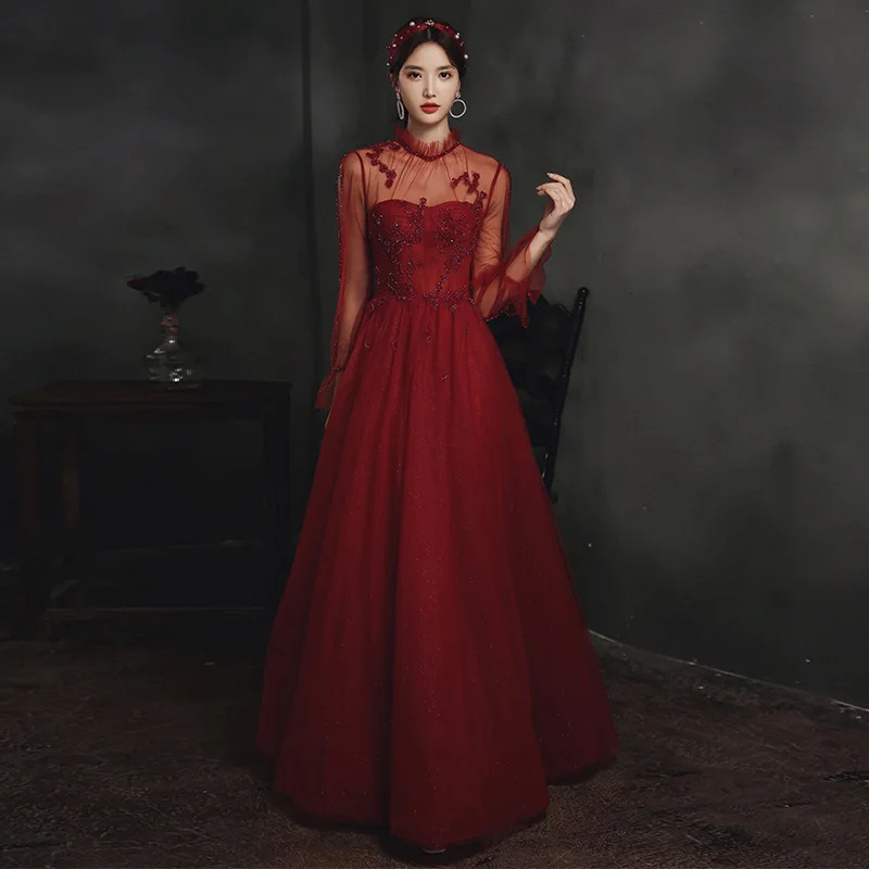 Bride Burgundy Toast Clothing New Tulle Wedding Evening Dress Female Exquisite Beading Dress Skirt