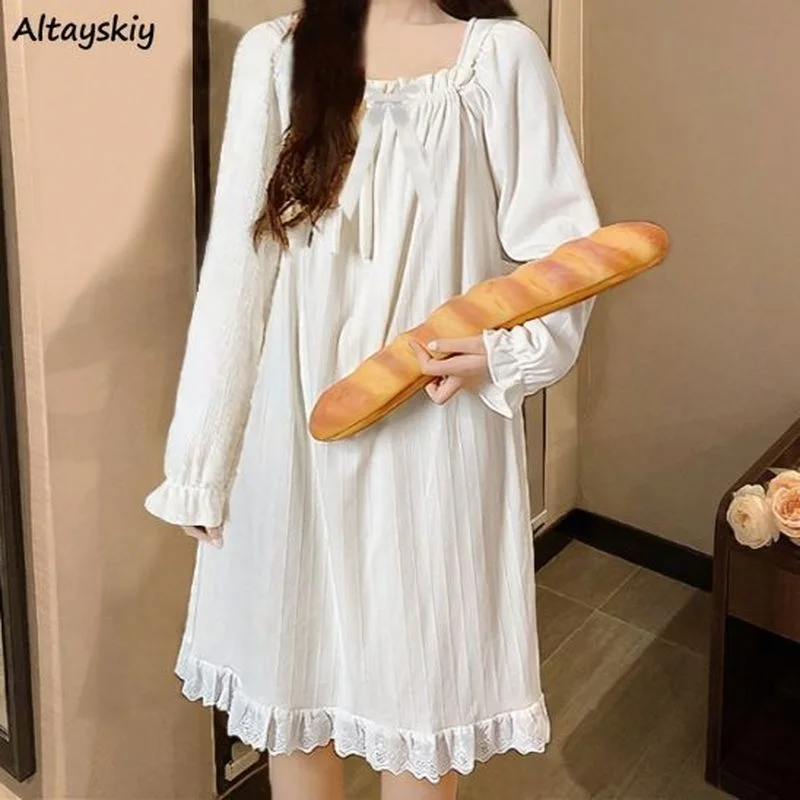 

Nightgowns Women Lace Tender Vintage All Match Nightdress Fashion Leisure Square Collar Autumn Cozy Sleepwear Daily Popular Ins