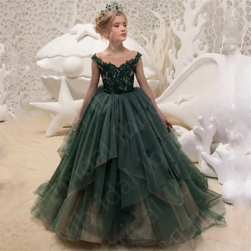 2021 New Lovely Dark Green Flower Girls Dresses Jewel Neck Cap Sleeves Kids Party Gowns Lace  Formal Wear Appliqued On Sale