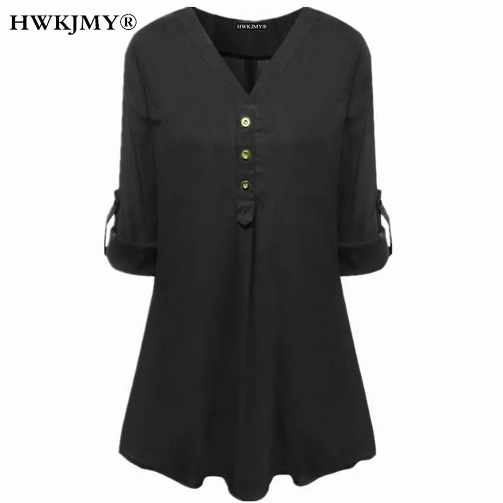 Women\'s Clothing Casual Tops Classic Solid Color Tee Woman V-neck Chiffon Long Sleeves Casual Female Shirt 6XL