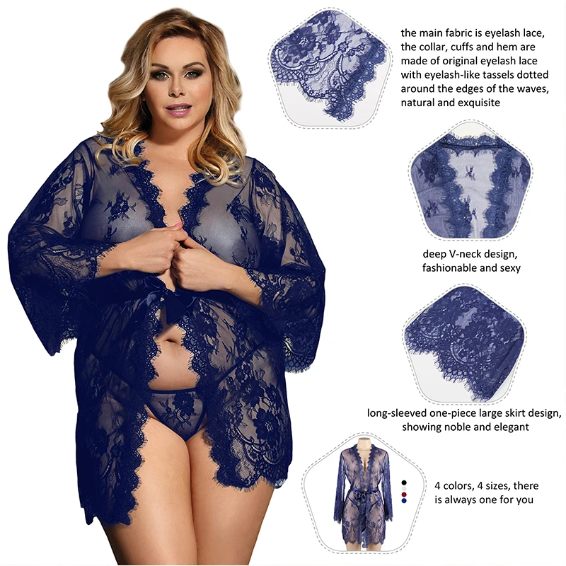 Comeonlover Kimono Femme Lace Robe Transparent Dress Plus Size Clothing Sexy Peignoirs For Women Nightie Long Sleeve Nightgown