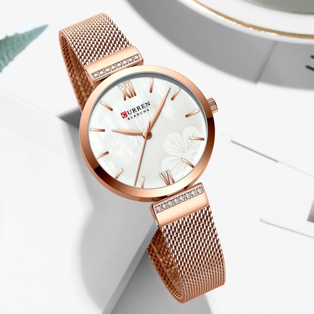 Relojes de vestir CURREN para Mujer, Reloj de cuarzo de marca de lujo para Mujer, Reloj de pulsera de malla de acero inoxidable, Reloj hermoso para