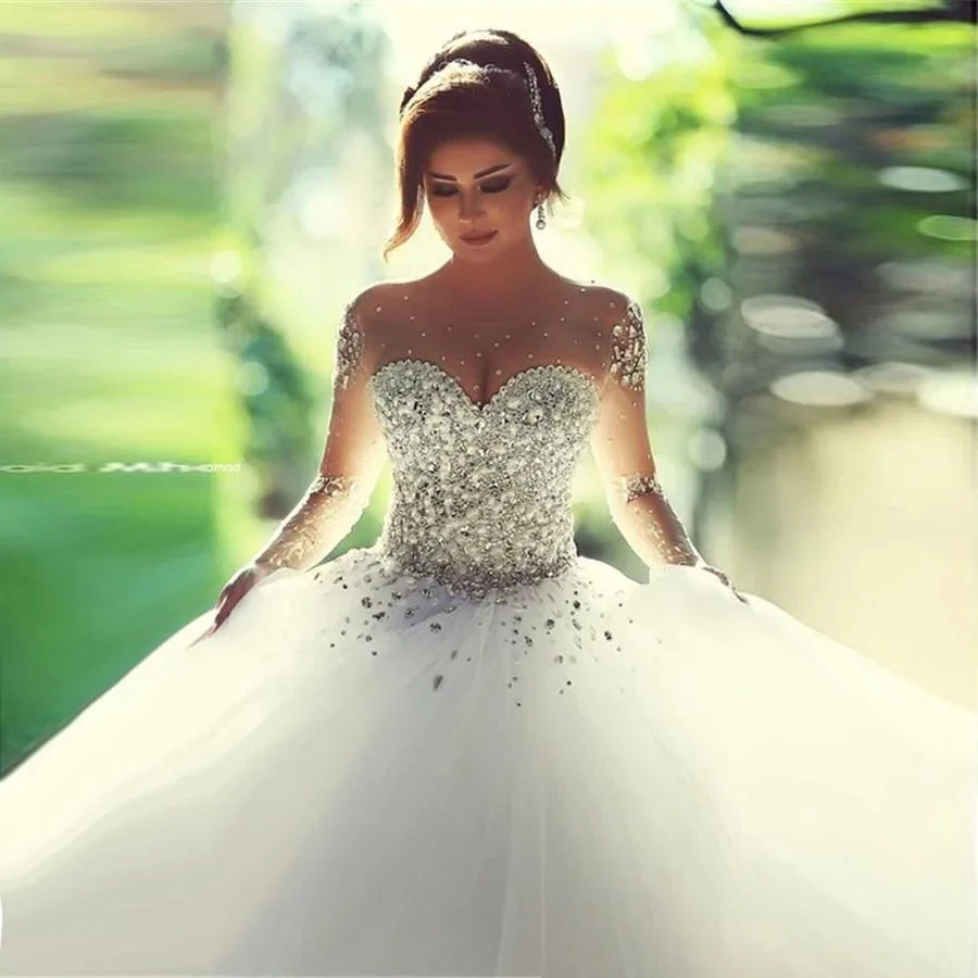 Angelsbridep Sparkly Kristallen Baljurken Trouwjurken 2021 Lange Mouwen Sweetheart Tulle Bruidsjurken Vestido De Noiva