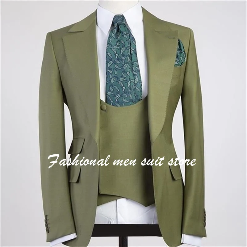 

3 Pieces Latest Design Green Peaked Lapel With One Button Men Suits Costum Homme Groom Wedding Terno Masculino Slim fit Blazer