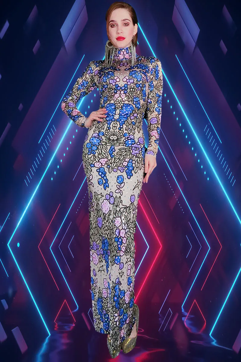 ผู้หญิงดอกไม้แขนยาวชุดประกายไรน์สโตนแฟชั่นวันเกิดฉลองชุดราตรีนักร้องคอนเสิร์ตเซ็กซี่เครื่องแต่งกายบนเวที